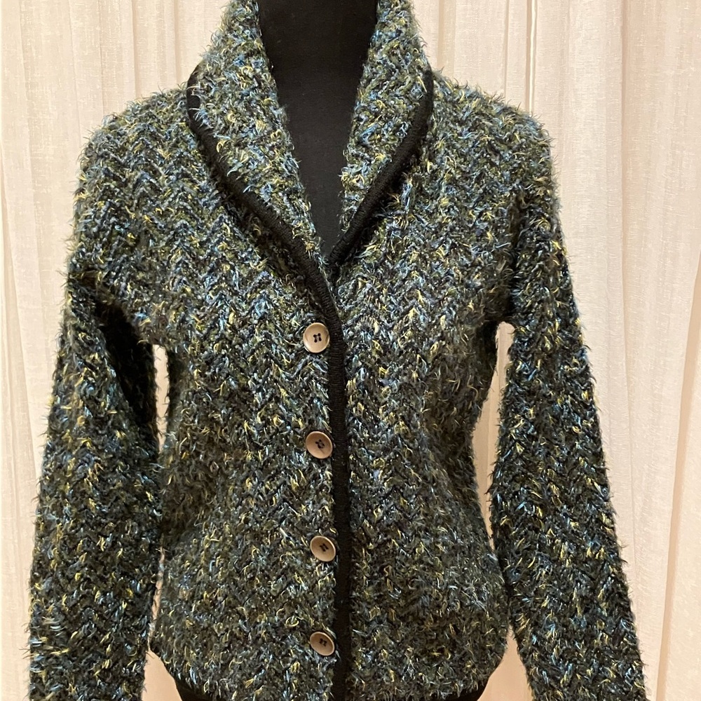 Textured Eyelash Blazer in Black, Green and Teal Wool blend